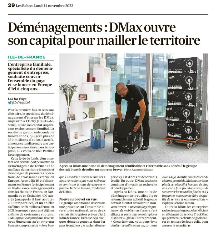 DMAX ouvre son capital pour accélérer son développement Dmax, entreprise de déménagement d'entreprise et particulier